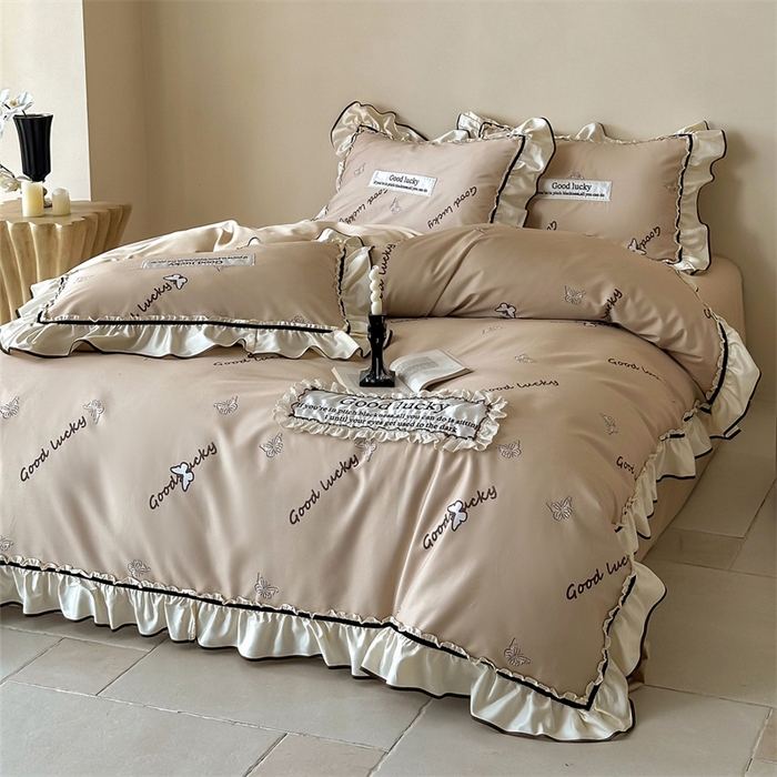 91家纺网 家纺一手货源 找家纺 宏羽纺家纺 2025新款100s全棉纯棉贡缎司马棉法式刺绣花边四件套花园之梦-奶咖