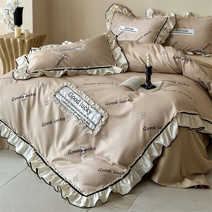 91家纺网 家纺一手货源 找家纺 宏羽纺家纺 2025新款100s全棉纯棉贡缎司马棉法式刺绣花边四件套花园之梦-奶咖