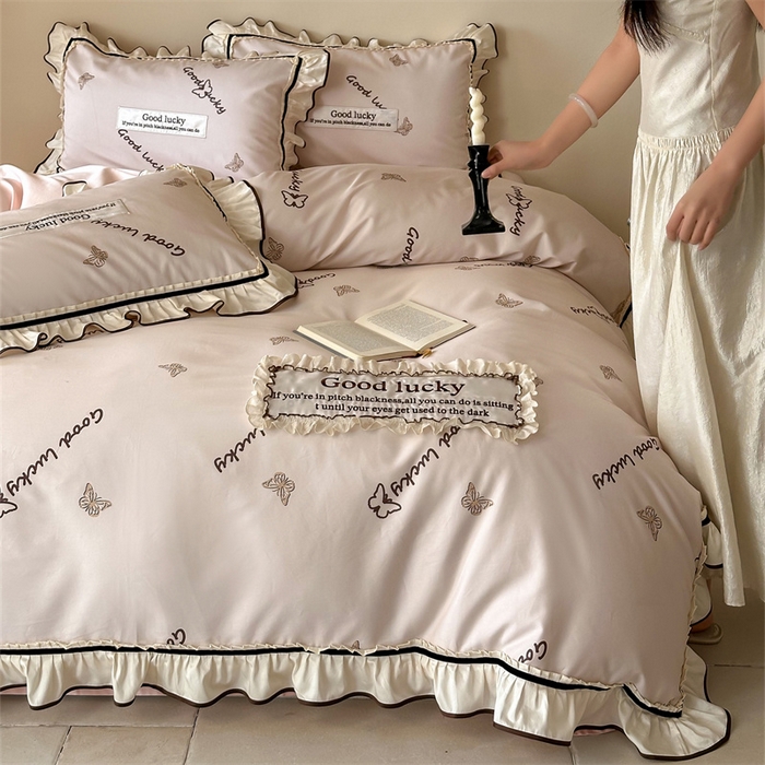 91家纺网 家纺一手货源 找家纺 宏羽纺家纺 2025新款100s全棉纯棉贡缎司马棉法式刺绣花边四件套花园之梦-胭脂粉