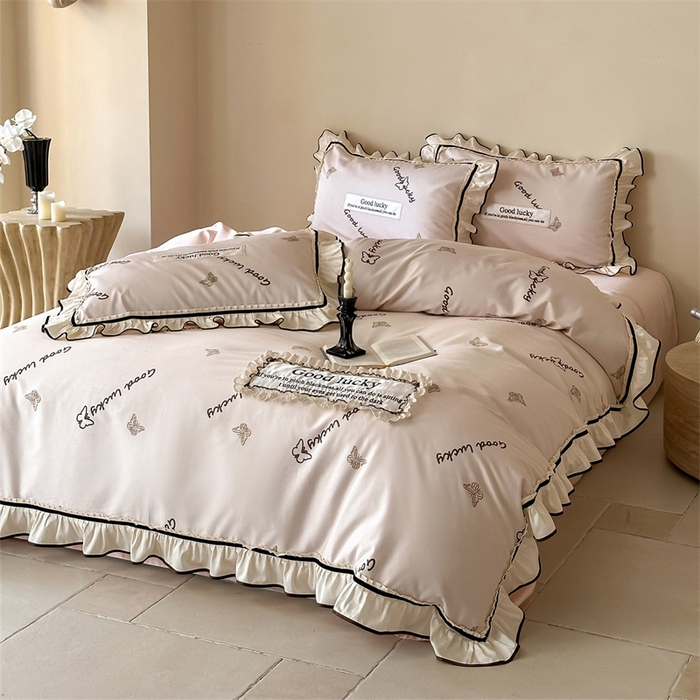 91家纺网 家纺一手货源 找家纺 宏羽纺家纺 2025新款100s全棉纯棉贡缎司马棉法式刺绣花边四件套花园之梦-胭脂粉