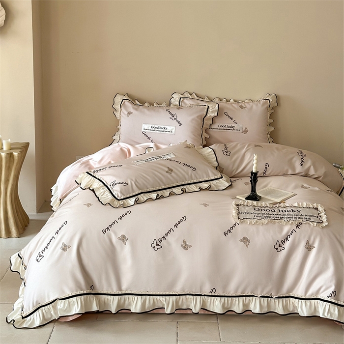 91家纺网 家纺一手货源 找家纺 宏羽纺家纺 2025新款100s全棉纯棉贡缎司马棉法式刺绣花边四件套花园之梦-胭脂粉