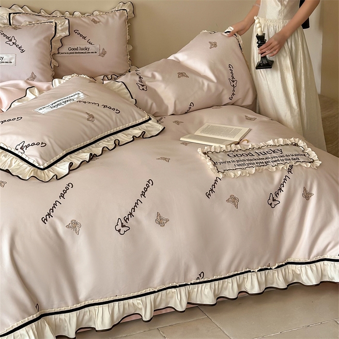 91家纺网 家纺一手货源 找家纺 宏羽纺家纺 2025新款100s全棉纯棉贡缎司马棉法式刺绣花边四件套花园之梦-胭脂粉