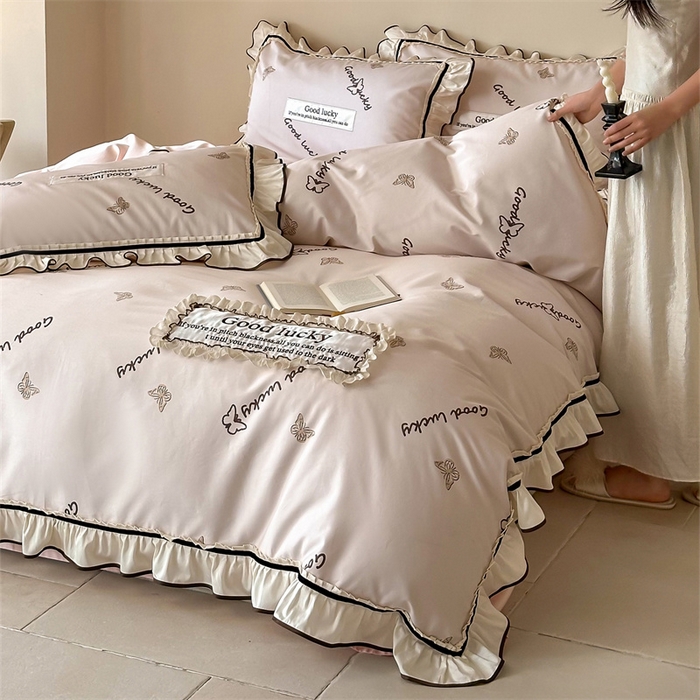 91家纺网 家纺一手货源 找家纺 宏羽纺家纺 2025新款100s全棉纯棉贡缎司马棉法式刺绣花边四件套花园之梦-胭脂粉