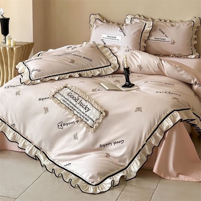 91家纺网 家纺一手货源 找家纺 宏羽纺家纺 2025新款100s全棉纯棉贡缎司马棉法式刺绣花边四件套花园之梦-胭脂粉