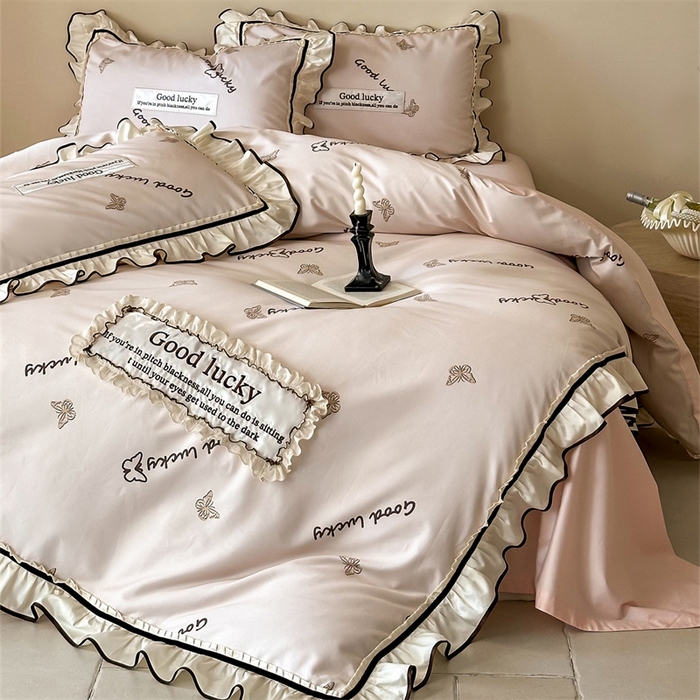 91家纺网 家纺一手货源 找家纺 宏羽纺家纺 2025新款100s全棉纯棉贡缎司马棉法式刺绣花边四件套花园之梦-胭脂粉