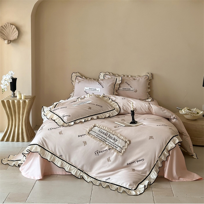 91家纺网 家纺一手货源 找家纺 宏羽纺家纺 2025新款100s全棉纯棉贡缎司马棉法式刺绣花边四件套花园之梦-胭脂粉