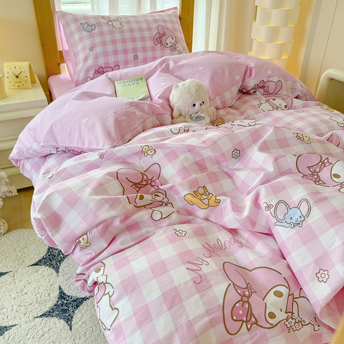 91家纺网 家纺一手货源 找家纺 玉元坊 2025新款三丽鸥全棉纯棉学生款学生宿舍上下铺三件套 粉格美乐蒂