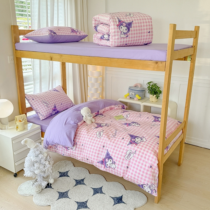 91家纺网 家纺一手货源 找家纺 玉元坊 2025新款三丽鸥全棉纯棉学生款学生宿舍上下铺三件套 库洛米之心