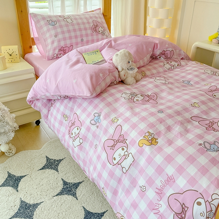 91家纺网 家纺一手货源 找家纺 玉元坊 2025新款三丽鸥全棉纯棉学生款学生宿舍上下铺三件套 粉格美乐蒂