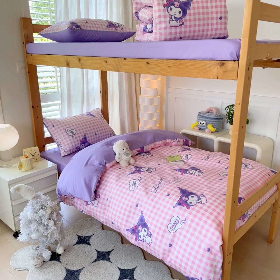 91家纺网 家纺一手货源 找家纺 玉元坊 2025新款三丽鸥全棉纯棉学生款学生宿舍上下铺三件套 库洛米之心