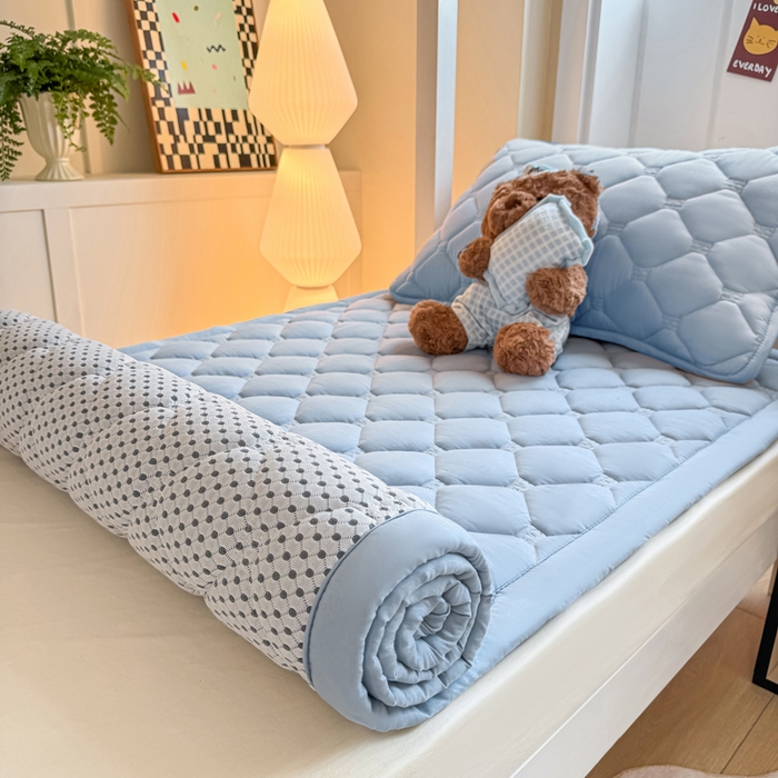 91家纺网 家纺一手货源 找家纺 梦初语 2025新款轻奢H刺绣学生宿舍上下铺床垫褥 雾蓝