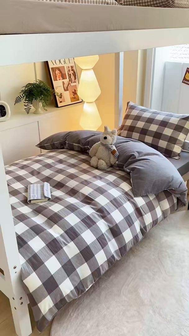 91家纺网 家纺一手货源 找家纺 （总）梦初语 2025新款A类水洗棉超柔格子系列学生宿舍上下铺三件套套件
