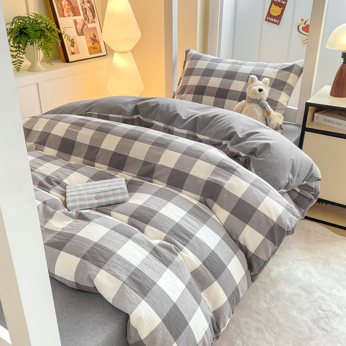 91家纺网 家纺一手货源 找家纺 （总）梦初语 2025新款A类水洗棉超柔格子系列学生宿舍上下铺三件套套件