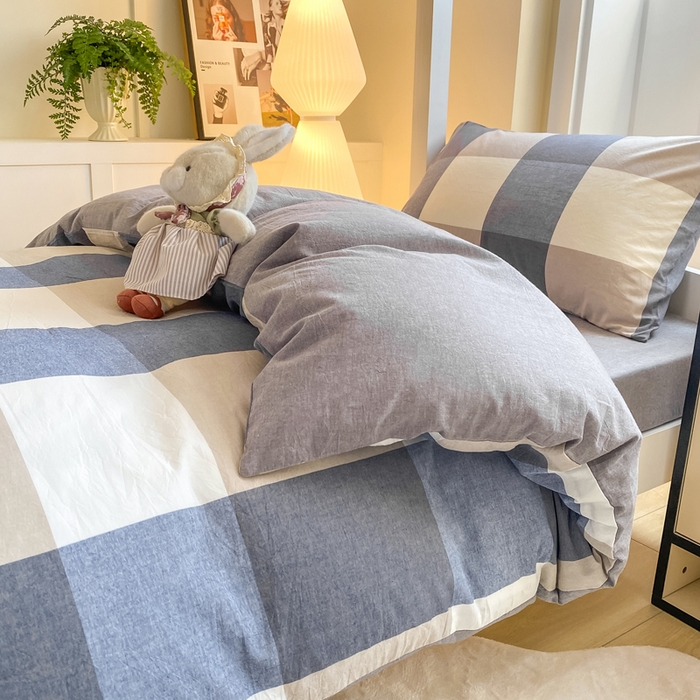 91家纺网 家纺一手货源 找家纺 梦初语 2025新款A类水洗棉超柔格子系列学生宿舍上下铺三件套套件 蓝大格