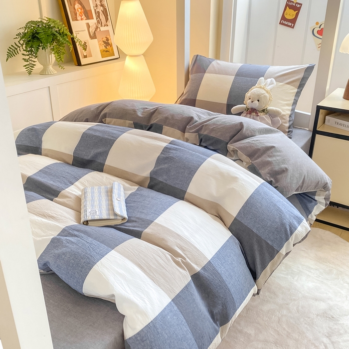 91家纺网 家纺一手货源 找家纺 梦初语 2025新款A类水洗棉超柔格子系列学生宿舍上下铺三件套套件 蓝大格