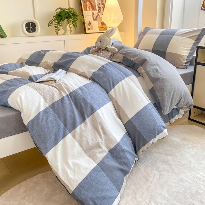 91家纺网 家纺一手货源 找家纺 梦初语 2025新款A类水洗棉超柔格子系列学生宿舍上下铺三件套套件 蓝大格