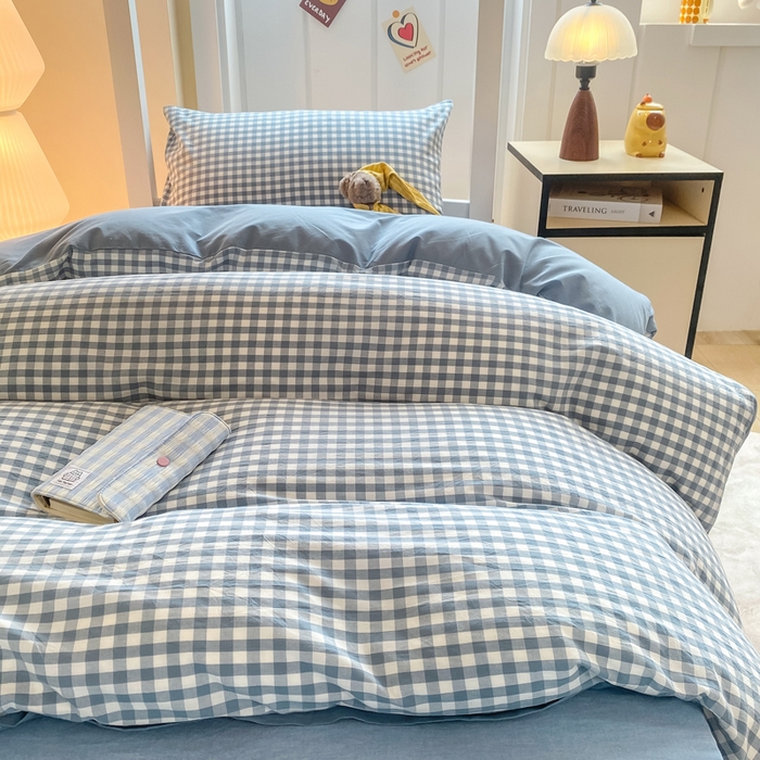 91家纺网 家纺一手货源 找家纺 梦初语 2025新款A类水洗棉超柔格子系列学生宿舍上下铺三件套套件 蓝小格