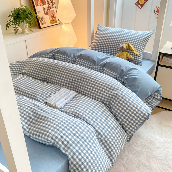 91家纺网 家纺一手货源 找家纺 梦初语 2025新款A类水洗棉超柔格子系列学生宿舍上下铺三件套套件 蓝小格