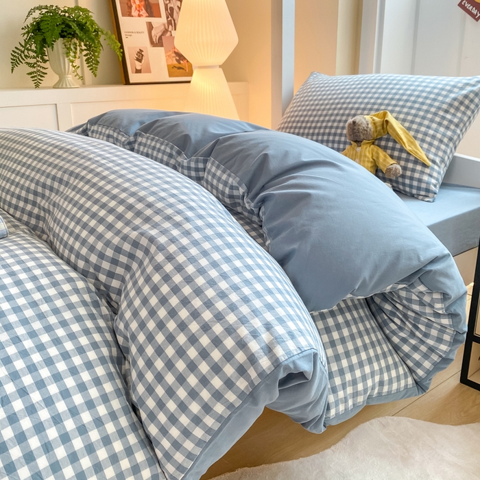 91家纺网 家纺一手货源 找家纺 梦初语 2025新款A类水洗棉超柔格子系列学生宿舍上下铺三件套套件 蓝小格