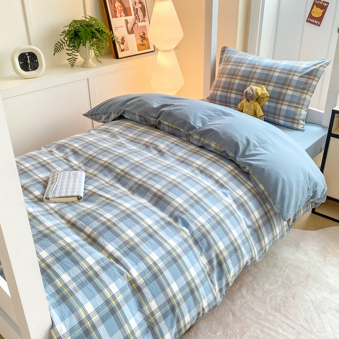 91家纺网 家纺一手货源 找家纺 梦初语 2025新款A类水洗棉超柔格子系列学生宿舍上下铺三件套套件 绅士格