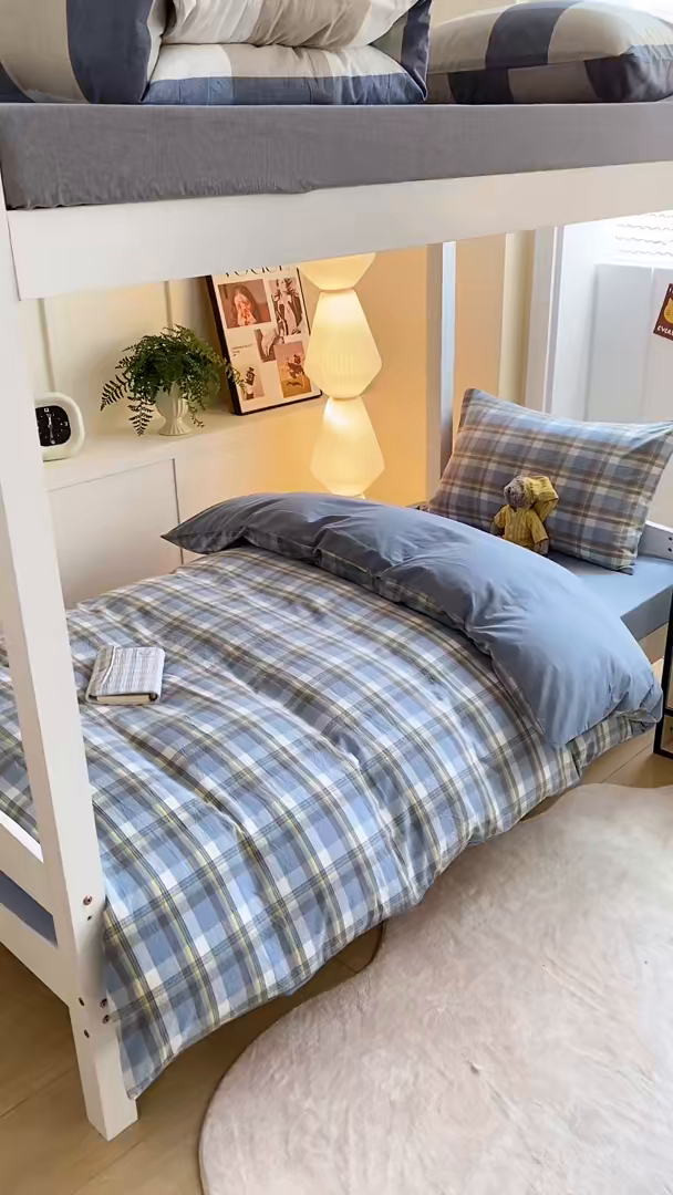 91家纺网 家纺一手货源 找家纺 梦初语 2025新款A类水洗棉超柔格子系列学生宿舍上下铺三件套套件 绅士格