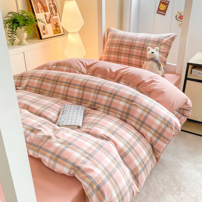 91家纺网 家纺一手货源 找家纺 梦初语 2025新款A类水洗棉超柔格子系列学生宿舍上下铺三件套套件 温馨格