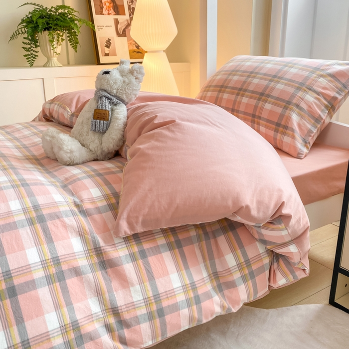 91家纺网 家纺一手货源 找家纺 梦初语 2025新款A类水洗棉超柔格子系列学生宿舍上下铺三件套套件 温馨格