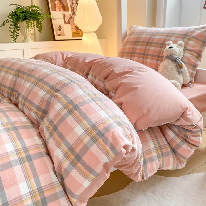 91家纺网 家纺一手货源 找家纺 梦初语 2025新款A类水洗棉超柔格子系列学生宿舍上下铺三件套套件 温馨格