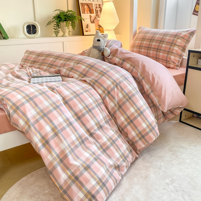 91家纺网 家纺一手货源 找家纺 梦初语 2025新款A类水洗棉超柔格子系列学生宿舍上下铺三件套套件 温馨格