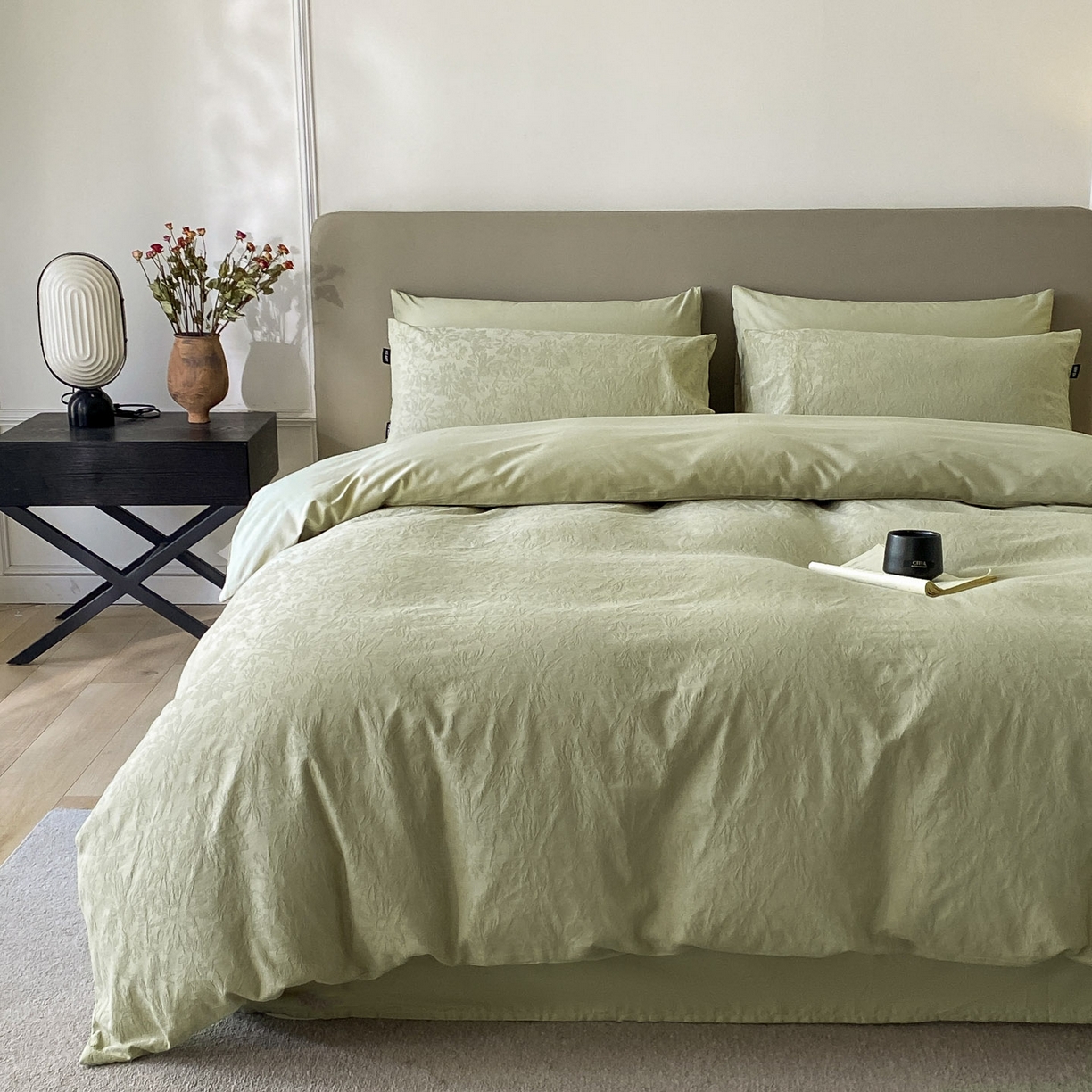 91家纺网 家纺一手货源 找家纺 禾时 2025新款A类60支加厚长绒棉全棉纯棉立体提花轻奢四件套 初禾（绿）