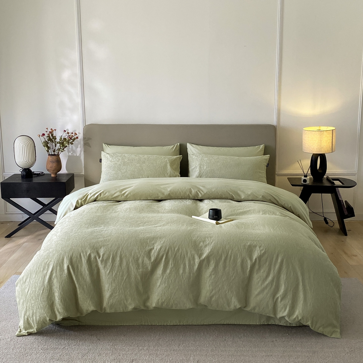 91家纺网 家纺一手货源 找家纺 禾时 2025新款A类60支加厚长绒棉全棉纯棉立体提花轻奢四件套 初禾（绿）