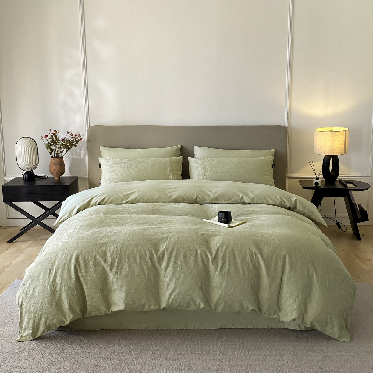 91家纺网 家纺一手货源 找家纺 禾时 2025新款A类60支加厚长绒棉全棉纯棉立体提花轻奢四件套 达米安（绿）