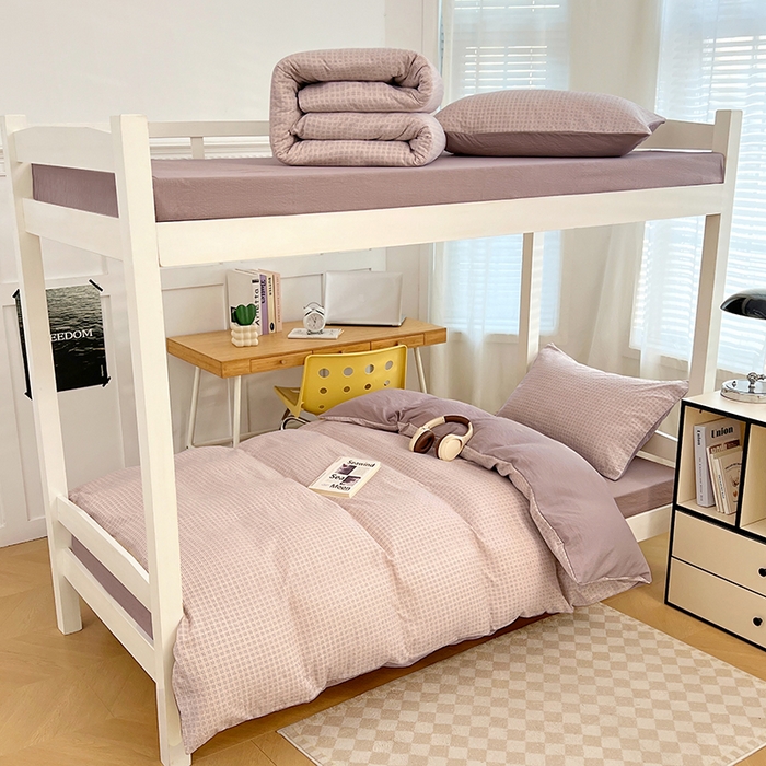 91家纺网 家纺一手货源 找家纺 梦舒羽 2025新款双层纱格子学生宿舍上下铺套件 常规款-莱茵粉格