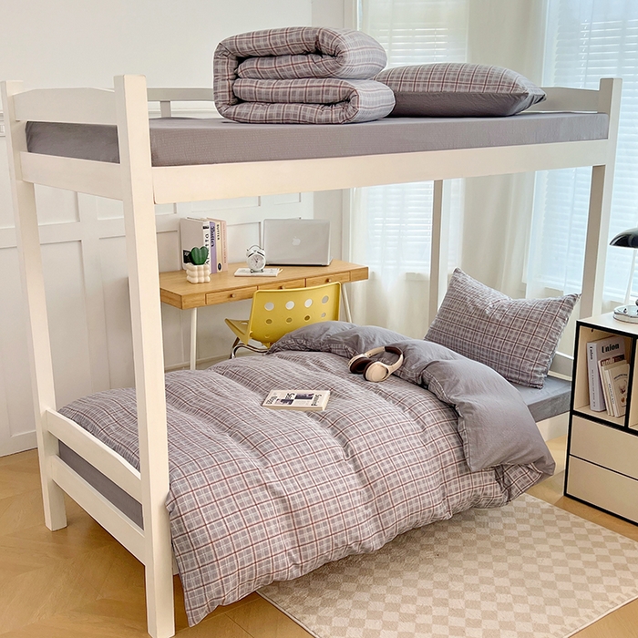 91家纺网 家纺一手货源 找家纺 梦舒羽 2025新款双层纱格子学生宿舍上下铺套件 常规款-洛卡深灰