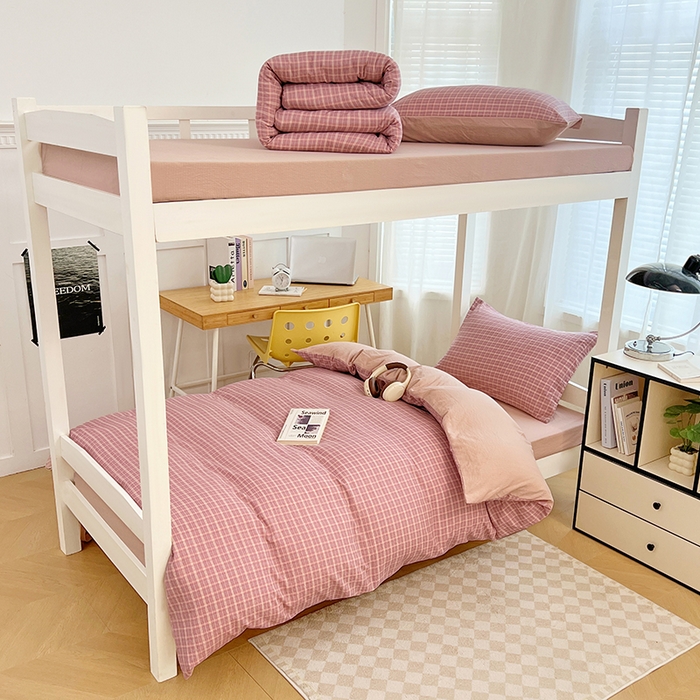 91家纺网 家纺一手货源 找家纺 （总）梦舒羽 2025新款双层纱格子学生宿舍上下铺套件