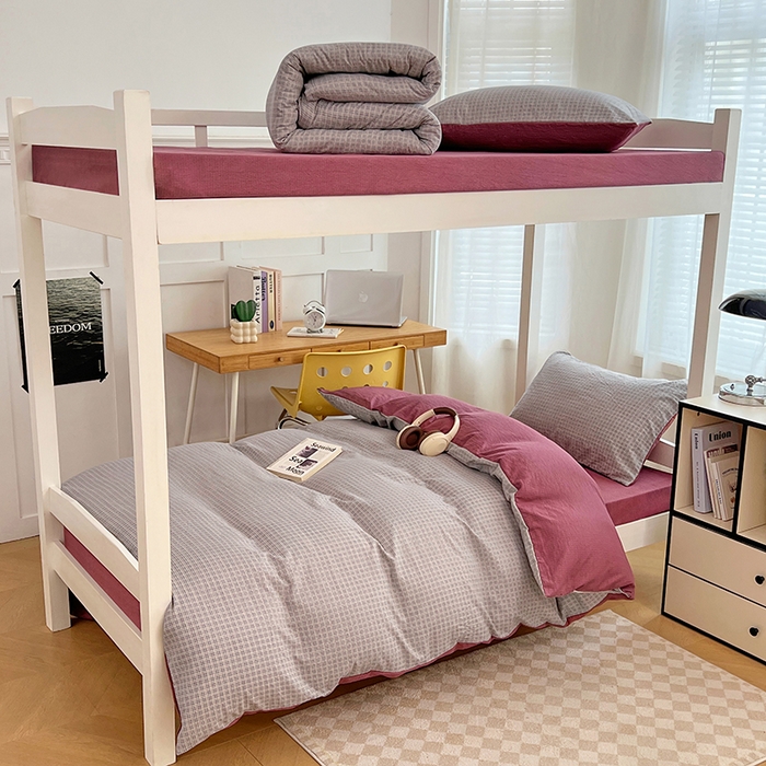 91家纺网 家纺一手货源 找家纺 （总）梦舒羽 2025新款双层纱格子学生宿舍上下铺套件