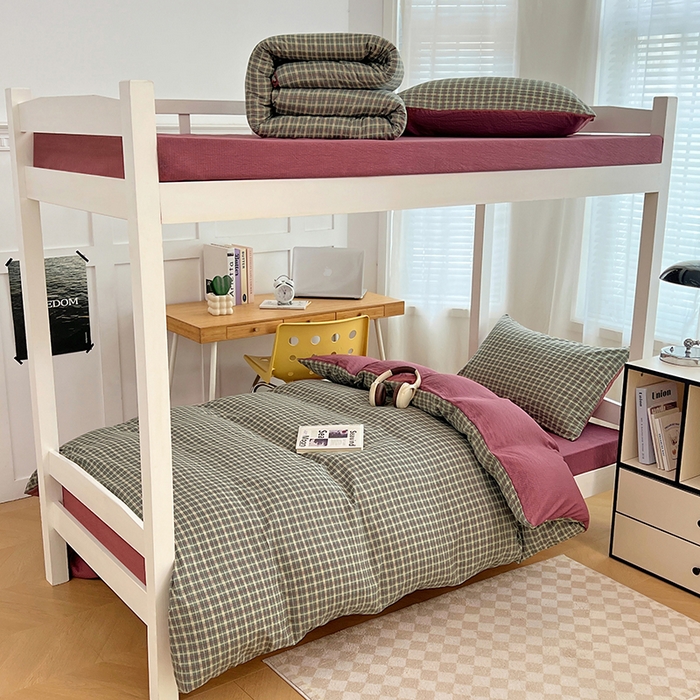 梦舒羽 2025新款双层纱格子学生宿舍上下铺套件 常规款-简兮绿格