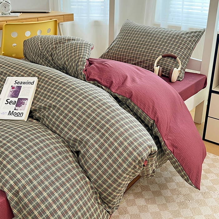 91家纺网 家纺一手货源 找家纺 梦舒羽 2025新款双层纱格子学生宿舍上下铺套件 常规款-简兮绿格