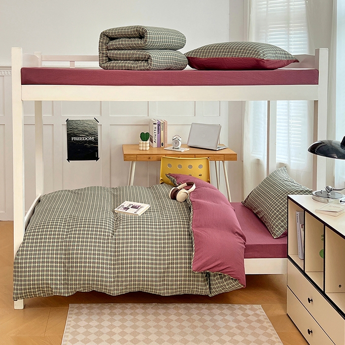 91家纺网 家纺一手货源 找家纺 梦舒羽 2025新款双层纱格子学生宿舍上下铺套件 常规款-简兮绿格