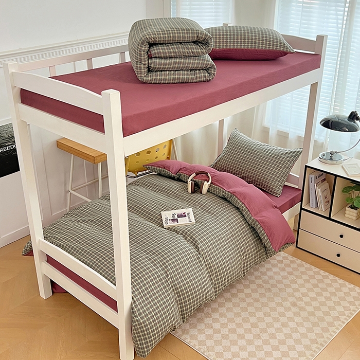 91家纺网 家纺一手货源 找家纺 梦舒羽 2025新款双层纱格子学生宿舍上下铺套件 常规款-简兮绿格