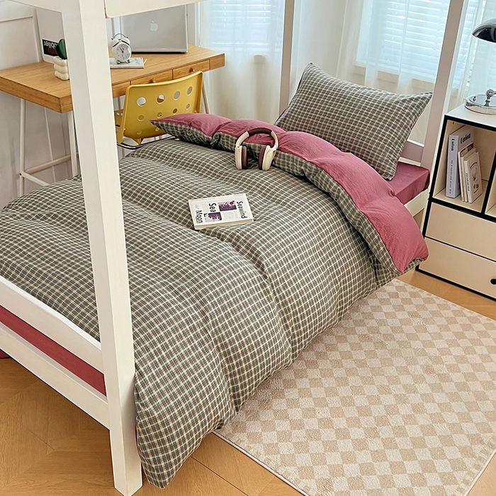 91家纺网 家纺一手货源 找家纺 梦舒羽 2025新款双层纱格子学生宿舍上下铺套件 常规款-简兮绿格