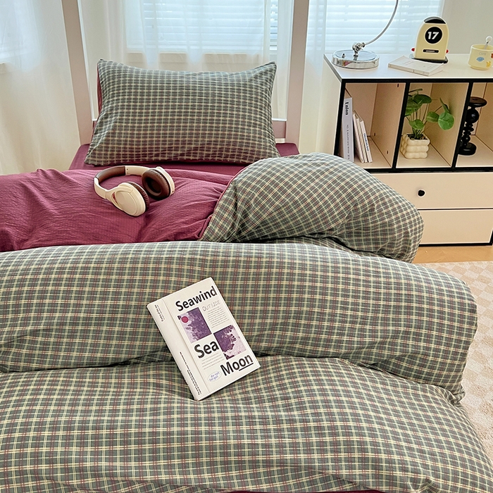 91家纺网 家纺一手货源 找家纺 梦舒羽 2025新款双层纱格子学生宿舍上下铺套件 常规款-简兮绿格