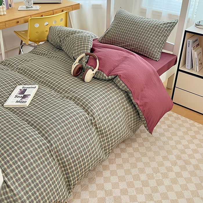 91家纺网 家纺一手货源 找家纺 梦舒羽 2025新款双层纱格子学生宿舍上下铺套件 常规款-简兮绿格