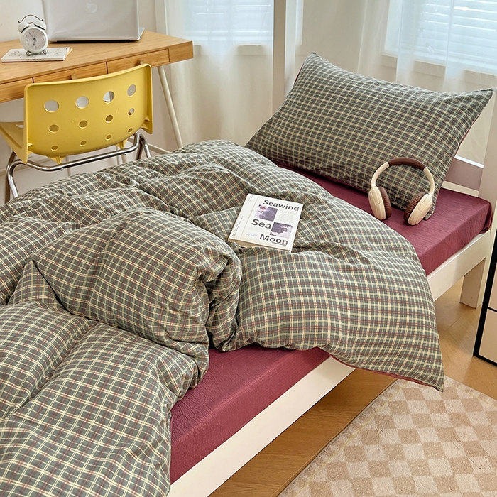 91家纺网 家纺一手货源 找家纺 梦舒羽 2025新款双层纱格子学生宿舍上下铺套件 常规款-简兮绿格