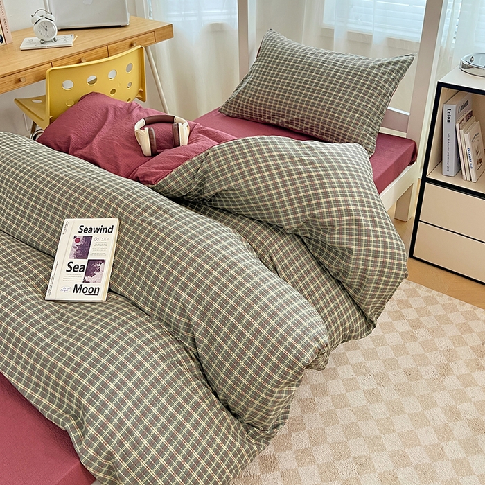 91家纺网 家纺一手货源 找家纺 梦舒羽 2025新款双层纱格子学生宿舍上下铺套件 常规款-简兮绿格