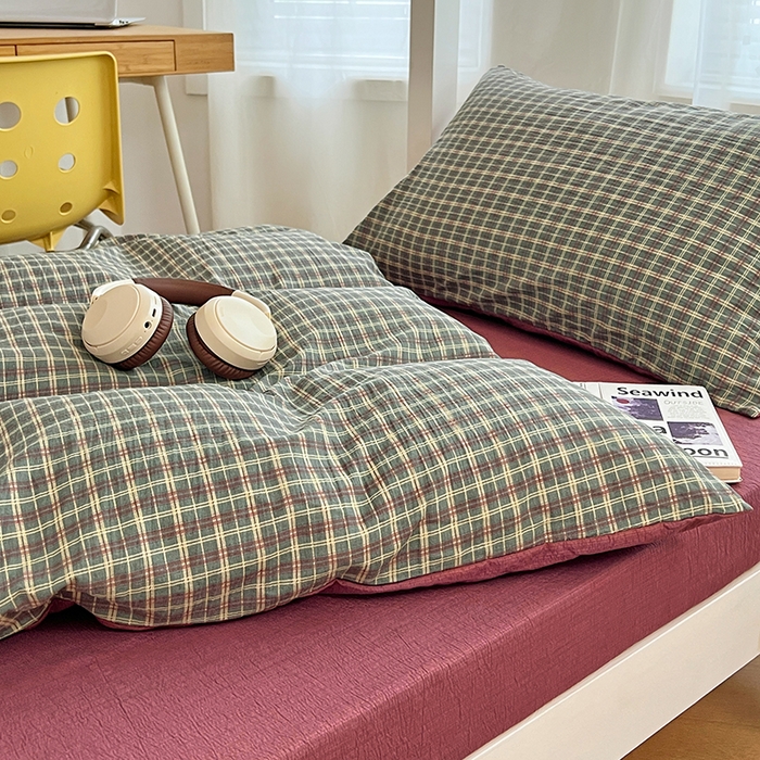 91家纺网 家纺一手货源 找家纺 梦舒羽 2025新款双层纱格子学生宿舍上下铺套件 常规款-简兮绿格