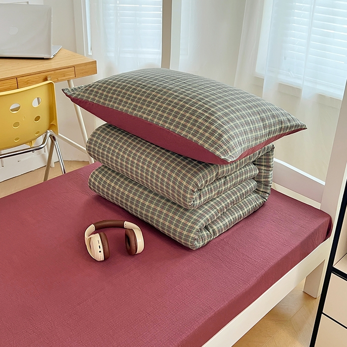 91家纺网 家纺一手货源 找家纺 梦舒羽 2025新款双层纱格子学生宿舍上下铺套件 常规款-简兮绿格