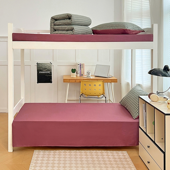 91家纺网 家纺一手货源 找家纺 梦舒羽 2025新款双层纱格子学生宿舍上下铺套件 常规款-简兮绿格