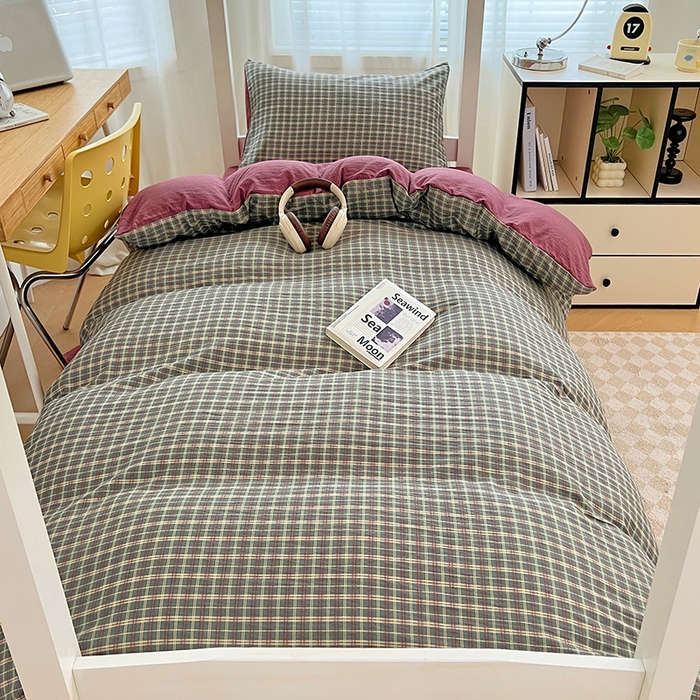 91家纺网 家纺一手货源 找家纺 梦舒羽 2025新款双层纱格子学生宿舍上下铺套件 常规款-简兮绿格