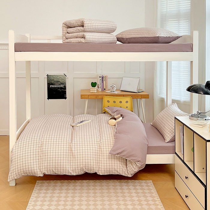 91家纺网 家纺一手货源 找家纺 梦舒羽 2025新款双层纱格子学生宿舍上下铺套件 常规款-可可咖格